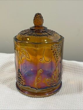 Vintage Indiana Carnival Glass Iridescent Marigold Canister Jar & Lid Grape 7”
